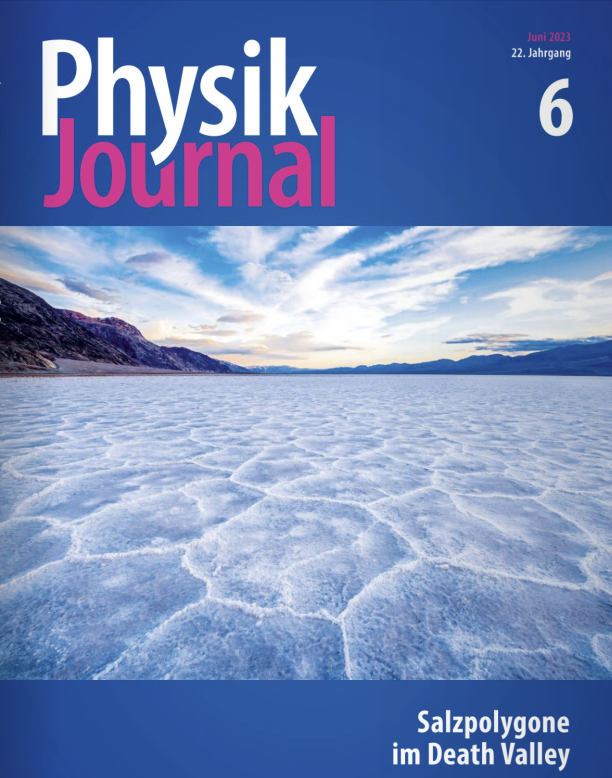Image showing salt polygons in a salt desert on the cover of the magazine Physik Journal